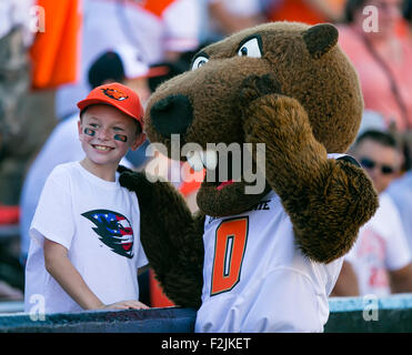 September 19, 2015: Oregon State Beavers mascot Benny the Beaver and a fan prior to the NCAA Football game between the Oregon State Beavers and the San Jose State Spartans at Reser Stadium in Corvallis, OR. Oregon State leads San Jose State 35-21 in the 4th quarter. Damon Tarver/Cal Sport Media Stock Photo