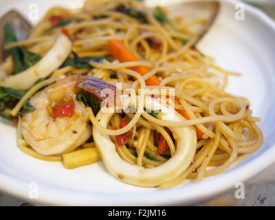 spicy spaghetti with shrimp and octopus Stock Photo