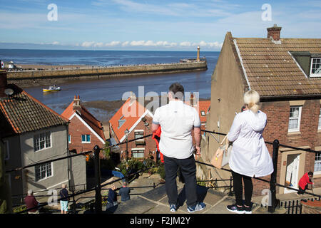 199 steps up to the East Cliff. Once these stairs used to be wooden and were constructed to help pallbearers. Whitby, Yorkshire. Stock Photo