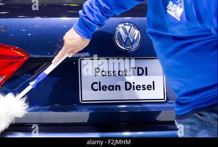 Detroit, Michigan, USA. 09th Jan, 2012. FILE - ILLUSTRATION - A file picture made available on 20 September 2015 shows a VW Passat TDI Clean Diesel being dusted during the North American International Autoshow (NAIAS) in Detroit, Michigan, USA, 09 January 2012. Volkswagen is facing potential fines in the United States for an alleged breach of the Clean Air Act. Photo: Friso Gentsch/dpa/Alamy Live News Stock Photo