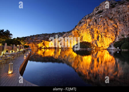 Night  view of Vouliagmeni lake, ideal place for relaxation and wellness treatment in Attica, Greece. Stock Photo