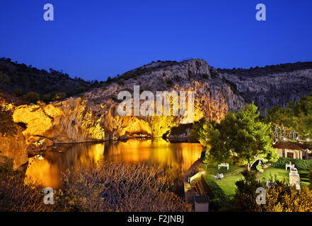 Night  view of Vouliagmeni lake, ideal place for relaxation and wellness treatment in Attica, Greece. Stock Photo