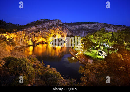 Night  view of Vouliagmeni lake, ideal place for relaxation and wellness treatment in Attica, Greece. Stock Photo