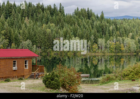 Log cabin with scenic view on the beautiful and tranquil Dutch Lake in Clearwater, British Columbia, Canada, North America. Stock Photo