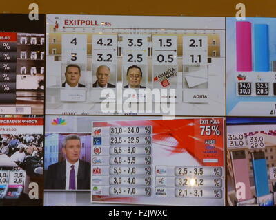 Athens, Greece. 20th Sep, 2015. Press representatives see the first exit polls for the general elections on the Press center. Credit:  George Panagakis/Pacific Press/Alamy Live News Stock Photo