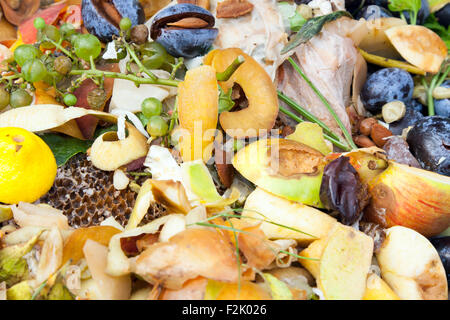 Compost bin in the garden. Composting pile of rotting kitchen fruits and vegetable scraps Stock Photo