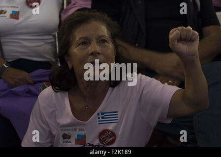 Athens, Greece. 20th Sep, 2015. SYRIZA supporters cheer as SYRIZA won a clear victory in the Greek national elections. © Nikolas Georgiou/ZUMA Wire/Alamy Live News Stock Photo