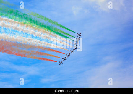 TRIESTE, ITALY - JUNE, 01: View of Italian military airplane called frecce tricolore 'tricolor arrows' in acrobatics on June 01, Stock Photo