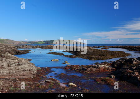 Calm Rockpool on a bright sunny day at National Trust Wembury Beach, Devonshire Coast, South West England Stock Photo