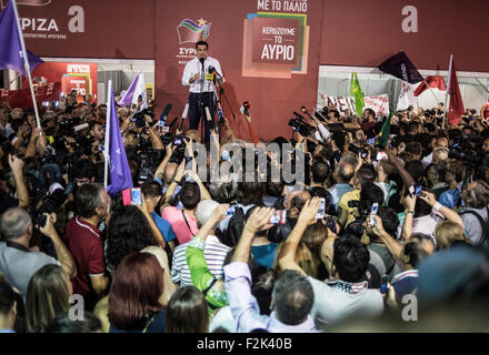 Athens, Greece. 20th Sep, 2015.. Former Greek Prime Minister and leader of the radical left party SYRIZA, Alexis Tsipras, speaks to supporters after his party's victory at the general electins in Athens, Greece, on 20 September 2015. Credit:  Elias Verdi/ Alamy Live News Stock Photo