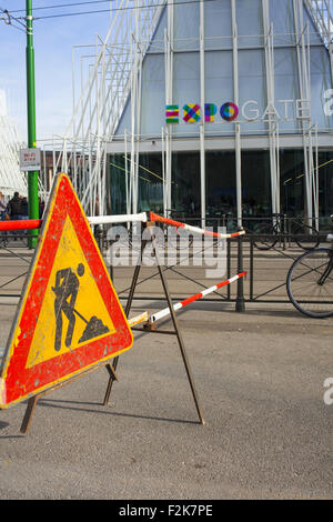 Milan, ITALY - MARCH 29: View of under costruction sign next the Expo gate 2015 in Milan on March 29, 2015 Stock Photo