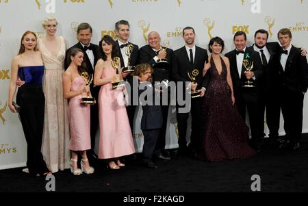 Los Angeles, CA, USA. 20th Sep, 2015. Sophie Turner, Gwendoline Christie, Maisie Williams, Nikolaj Coster-Waldau, Carice van Houten, David Benioff, Peter Dinklage, Conleth Hill, D. B. Weiss, Lena Headey, David Nutter, John Bradley, winner Best Drama Series, GAME OF THRONES in the press room for 67th Primetime Emmy Awards 2015 - PRESS ROOM, The Microsoft Theater (formerly Nokia Theatre L.A. Live), Los Angeles, CA September 20, 2015. Credit:  Elizabeth Goodenough/Everett Collection/Alamy Live News Stock Photo