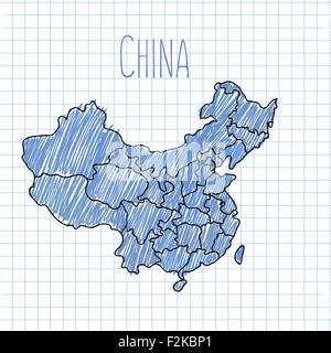 Blue pen hand drawn China map vector on paper illustration Stock Vector