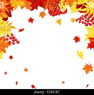 Autumn  Frame With Maple, Rowan and Dog Rose Leaves and Berries Over White Background. Elegant Design with Text Space and Ideal Balanced Colors. Vector Illustration. Stock Vector