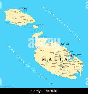 Malta political map with capital Valletta and important cities. English labeling and scaling. Illustration. Stock Photo