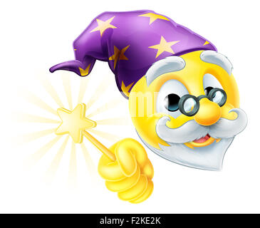 A cartoon cute wizard emoji emoticon waving a magic wand Stock Photo