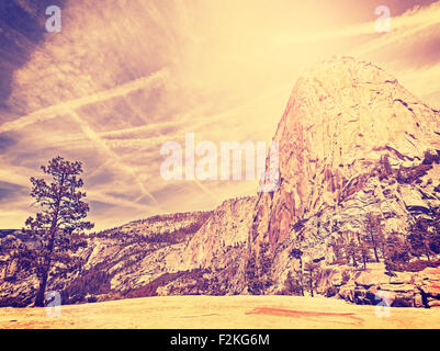 Vintage stylized nature mountain background, Yosemite National Park, USA. Stock Photo