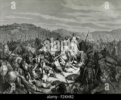 Ahab. king of Israel, defeating the Syrians. Engraving by Gustave Dore (1832-1883), 1866. Stock Photo