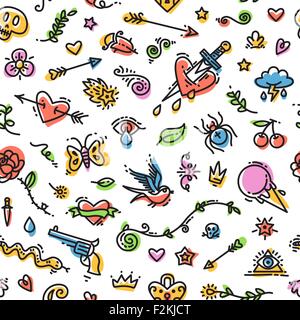 Colorful Funny Old School Tattoo Seamless Pattern Stock Vector