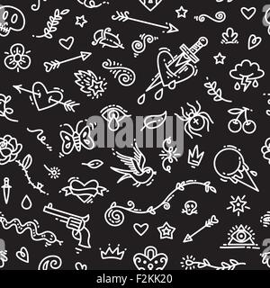 Old School Tattoo Seamless Pattern on Dark Stock Vector
