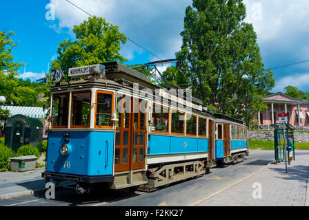 Historival tram 7, Djurgårdsslätten, area in front of Skansen museum, Djurgården island, Stockholm, Sweden Stock Photo