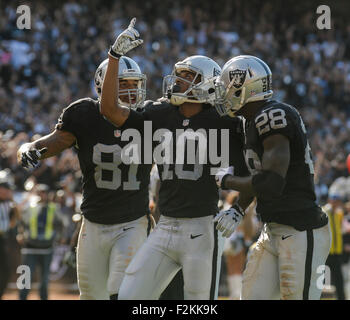 The Oakland Raiders' Mychal Rivera (81) celebrates a touchdown against the  Kansas City Chiefs in the third quarter at O.co Coliseum in Oakland,  Calif., on Sunday, Dec. 15, 2013. (Photo by Josie