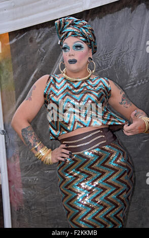 A man dressed in drag as a woman at Bushwig 2015 in Ridgewood, Brooklyn, New York. Stock Photo