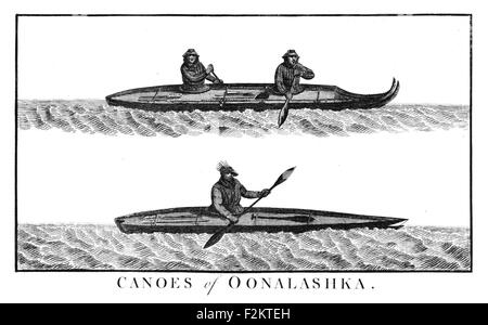 Captain James Cook FRS  1728 1779  British explorer, navigator, cartographer, captain Royal Navy. Canoes of Oonalashka Stock Photo