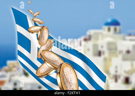 Symbolic picture, Greece, Grexit, banking crisis, Euro coins, flag, Santorini in background Stock Photo