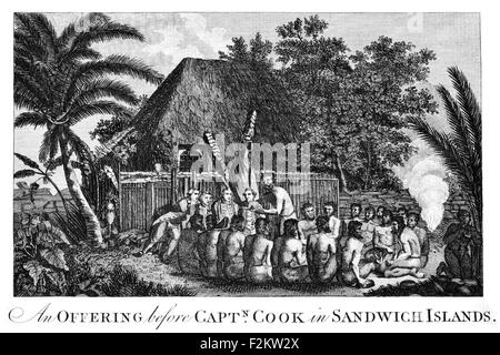 Captain James Cook FRS  1728 1779  British explorer, navigator, cartographer, captain Royal Navy. Offering gift to Cook in Sandwich Islands Stock Photo