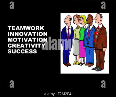 Business illustration showing five businesspeople and the words, 'Teamwork, innovation, motivation, creativity, success'. Stock Photo