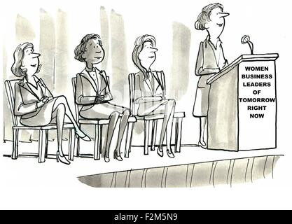 Business cartoon showing four businesswomen on podium, 'Women business leaders of tomorrow right now'. Stock Photo