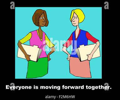 Business illustration of two, diverse, millennial businesswomen and the words, 'Everyone is moving forward together'. Stock Photo