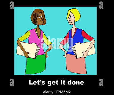 Business illustration showing two millennial businesswomen and the words, 'Let's get it done'. Stock Photo