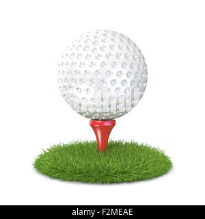 Golf ball on red tee in grass. 3D render illustration, isolated on white background Stock Photo