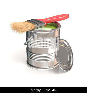 Metal tin can with green paint and paintbrush. Side view. 3D render illustration isolated on white background Stock Photo