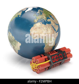Earth planet with dynamite time bomb isolated on white background. World dangerous military conflict concept. Elements of this i Stock Photo