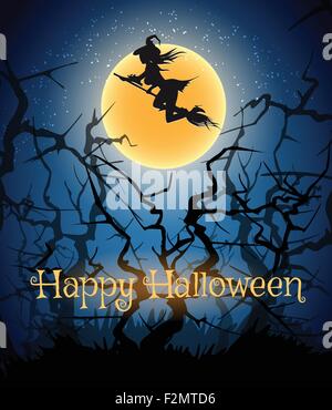 Flying witch in night sky above deep forest. Happy Halloween Theme. Stock Vector