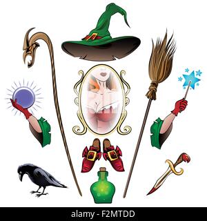 Witch accessories colorful set. Broom, crystal ball, ritual knife, staff, magic shoes, magic mirror, poison bottle, magic wand d Stock Vector