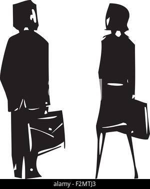 Woodcut expressionist style image of a a man and a woman in business suits facing away. Stock Vector