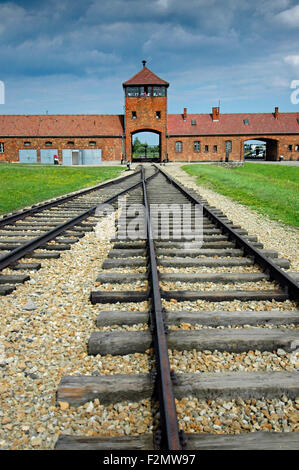 Vertical view of the train tracks and main gateway at Birkenau in Poland. Stock Photo