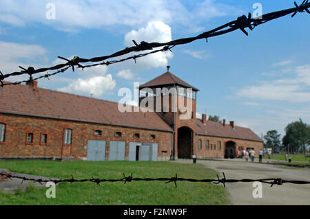 Horizontal view of the main entrance tower at Birkenau in Poland. Stock Photo