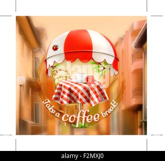 Cafe, coffee and pastry shop, a cup of coffee with rose on a table, awning with ladybug. Street background, invitation to a brea Stock Vector