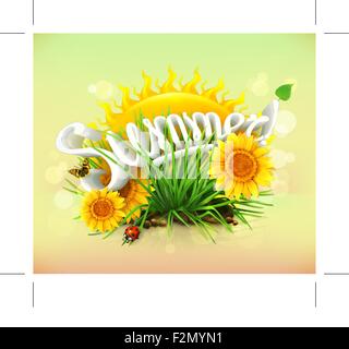 Summer, time for a vacation and travel, the sun and some grass, sunflowers, a ladybug and butterfly in the garden, universal bac Stock Vector