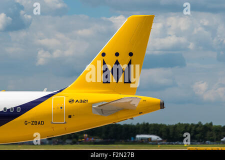 MANCHESTER, UNITED KINGDOM - AUG 07, 2015: Monarch Airlines Airbus A321 tail livery at Manchester Airport Aug 07 2015. Stock Photo