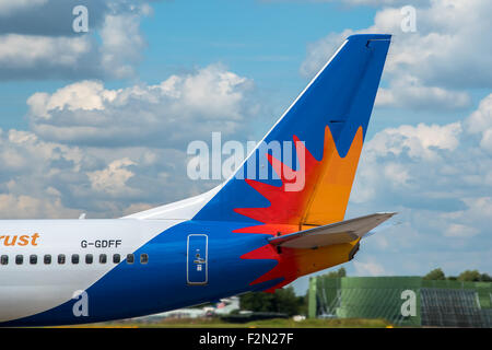 MANCHESTER, UNITED KINGDOM - AUG 07, 2015: Jet2 Airlines Boeing 737 tail livery at Manchester Airport Aug 07 2015. Stock Photo