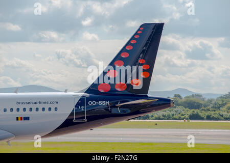 MANCHESTER, UNITED KINGDOM - AUG 07, 2015: Brussels Airlines Airbus A319 tail livery at Manchester Airport Aug 07 2015. Stock Photo