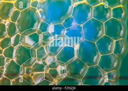 Soap suds extreme closeup creating honeycomb pattern of golden lines Stock Photo