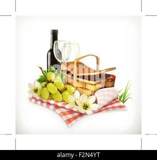 Time for a picnic, nature, outdoor recreation, a tablecloth and picnic basket, wine glasses and grapes, vector illustration show Stock Vector