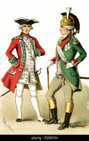 The figures pictured here represent military figures in Europe from around 1700. They are, from left to right: officer of the Swiss Guard and Colonel of Dragoons. The illustration dates to 1882. Stock Photo